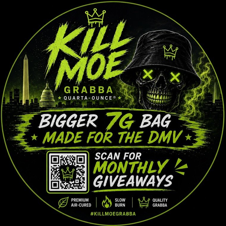 Round Kill Moe sticker: Bigger 7G bag, made for the DMV, scan for monthly giveaways
