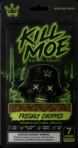 Kill Moe Grabba 7 gram pouch, front: skull in a bucket hat over the DC skyline